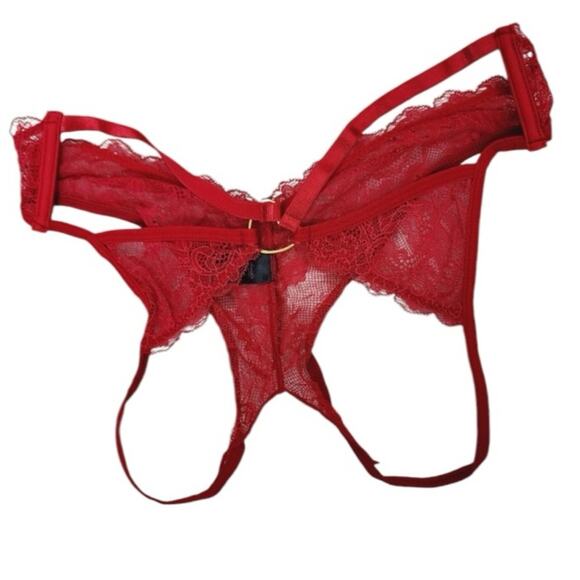 Frederick's of Hollywood Red Lace Bra & Panty Set NWT Crotchless Cheeky Lingerie - Picture 3 of 11